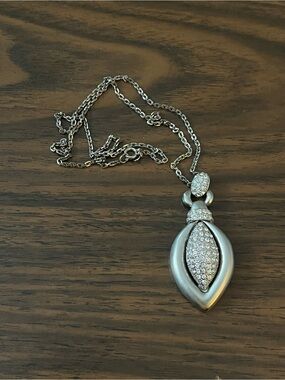 Large Modernist Silver Rhinestone Oval Pendant Necklace on Long Chain